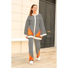 SHC4200 Çizgili Bisiklet Yaka Triko Takım Beyaz