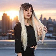 SHC4200 Fiber Sentetik Uzun Düz Kahküllü Peruk / Küllü Açık Kahve / Platin Ombreli