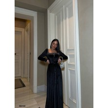 Diloxe Yaka Detaylı Kadife Uzun Abiye