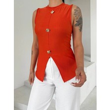 SHC4200 Kadın Turuncu Bisiklet Yaka Gold Düğmeli Ottoman Bluz