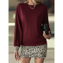 La Mode Istanbul Kadın Uzun Kollu Bisiklet Yaka Üst Viskon Iki Iplik Alt Leopar Desenli Mini Elbise