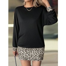 Arben Boutique Kadın Uzun Kollu Bisiklet Yaka Üst Viskon Iki Iplik Alt Leopar Desenli Mini Elbise