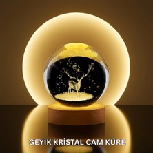Moresun Buğz Doğal Ahşap Standlı Geyik Figürlü Kristal Küre LED Dekoratif Lamba
