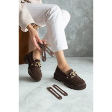 Hepici Loafers Tokası Değişebilen Günlük Kadın Süet Kahverengi Ayakkabı