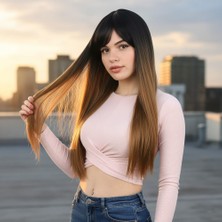 SHC4200 Fiber Sentetik Uzun Düz Kahküllü Peruk / Siyah / Karamel Ombreli