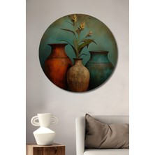 Teona Ahşap Antik Vazo ve Bitki Kompozisyonu Yağlı Boya Görünümlü Dekoratif Ahşap Tablo Yuvarlak Duvar Tablosu