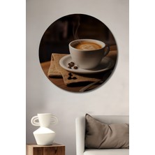 Teona Ahşap Sıcak Kahve Keyfi Yağlı Boya Görünümlü Ahşap Dekoratif Tablo Yuvarlak Duvar Tablosu