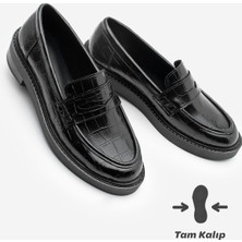 Marjin Kadın Loafer Günlük Klasik Ayakkabı Casual Makosen Fonle Siyah Croco