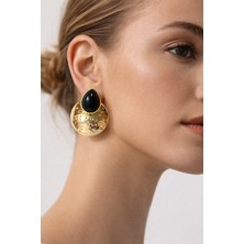 Solare Accessories Siyah Taş Detaylı Dokulu Altın Kaplama Vintage Küpe (Hipoalerjik)
