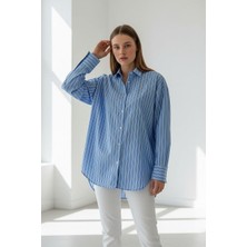 Madmext Mavi Çizgili Regular Kesim Kadın Gömlek MG2610