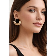 Solare Accessories Siyah Mineli Yelpaze Form Altın Kaplama Vintage Küpe (Hipoalerjik)