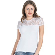 Mirglart Derya Kurşun Yarım Kol Dantelli Kadın Tişört 240