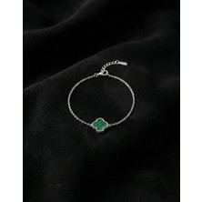 Roza Silver 925 Ayar Yeşil Kaplangözü Taşlı Rodyum Tekli Yonca Gümüş Bileklik
