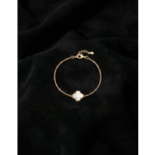 Roza Silver 925 Ayar Beyaz Sedef Taşlı Gold Tekli Yonca Gümüş Bileklik