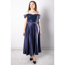 Modaviki Asklı Pul Payetli Saten Abiye Elbise Lacivert MDV386