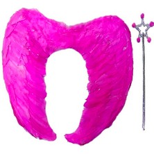 Pazarcan Gerçek Tüylü Katlanabilir Çocuk Pembe Melek Kanadı ve Asa Seti 40X55 cm