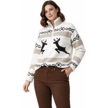 Sibel Günay Butik Kadın Standart Beden Kahverengi Geyik Desenli Polar Sweatshirt