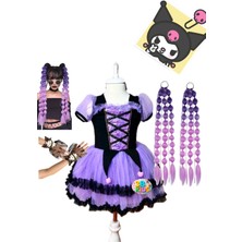 3b Kids Kuromi Elbiseee Kuromi Kostüm Kuromi Mor Bubble Saç 2 Adet Kuromi Tül Eldiven Seti