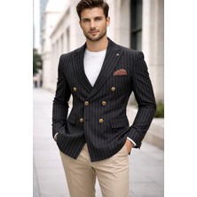 Sabri Zengin Erkek Çizgili Kruvaze Slim Fit Blazer Ceket