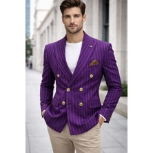 Sabri Zengin Erkek Çizgili Kruvaze Slim Fit Blazer Ceket