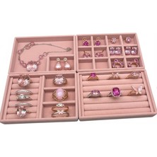 Megass Dekor Kiev Model Süet Kumaş Pembe Renk 22/14 cm 4 Lü Takım Çekmeçe Içi Takı Standı