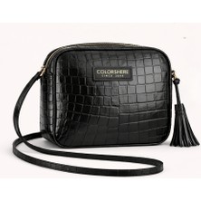 COLORSHERE Siyah Kroko Desenli Omuz & Çapraz Askılı Urban Kadın Çanta – Gold Detaylı, Şık ve Günlük Kullanım