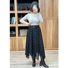 Vazıradk Desenli Asimetrik Kesim Astarlı Midi Etek