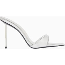 115 Gümüş Metalik Deri, Ince Topuklu Sivri Burun Mule Terlik