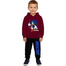 Sedirli Sonic Baskılı Çocuk Eşofman Takımı 3 Iplik Şardonlu Pamuklu Kumaş Kapüşonlu