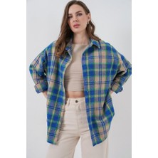 Nidam Butik Ekose Desen Oversize Oduncu Gömlek 3854 Mavi Gri