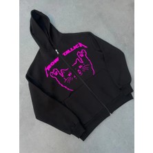 Nidam Butik Kışlık Baskılı Fermuarlı Kapüşonlu Hırka - Siyah