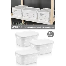 Meleni Home 3'lü Kapaklı Delikli Dekoratif Piramit Saklama Kutusu - Dolap Içi Düzenleyici Organizer 3,8 Lt Beyaz