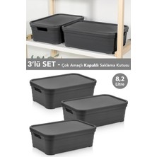 Meleni Home 3 Adet Kapaklı Dekoratif Piramit Saklama Kutusu - Dolap Düzenleyici Organizer 8,2 Litre Antrasit