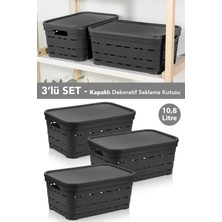 Meleni Home 3'lü Kapaklı Delikli Dekoratif Piramit Saklama Kutusu - Dolap Düzenleyici Organizer 10,8 Lt Antrasit