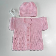 1-2 Yaş  El Örgüsü Pembe Yelek ve Şapka ile Babet Çoraptan Oluşan Hediye Seti