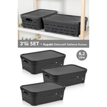 Meleni Home 3'lü Kapaklı Delikli Dekoratif Piramit Saklama Kutusu - Dolap Düzenleyici Organizer 8,2 Lt Antrasit