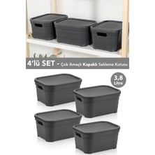 Meleni Home 4 Adet Kapaklı Dekoratif Piramit Saklama Kutusu - Dolap Düzenleyici Organizer 3,8 Litre Antrasit