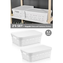 Meleni Home 2'li Kapaklı Delikli Dekoratif Piramit Saklama Kutusu - Dolap Içi Düzenleyici Organizer 8,2 Lt Beyaz