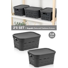 Meleni Home 2'li Kapaklı Delikli Dekoratif Piramit Saklama Kutusu - Dolap Düzenleyici Organizer 3,8 Lt Antrasit