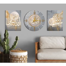 M&H Quality Lüks Gri Altın Islami 3'lü Duvar Dekoru Seti (2 Tablo+1 Saat) | Allahu Ekber Subhanallah Hat Sanatı