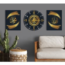 M&H Quality Siyah Altın Fırça Darbesi Islami 3'lü Duvar Dekoru Seti (2 Tablo + 1 Duvar Saat) Hat Sanatı