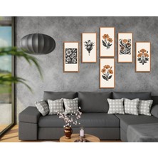 M&H Quality 6’lı Vintage Çiçek Tablo Seti Krem Zemin |siyah-Kiremit Tonlar Retro/folk Stil Duvar Dekoru