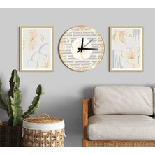 M&H Quality Lüks Gri & Altın Çizgisel Botanik 3'lü Duvar Dekoru Seti (2 Tablo + 1 Saat) | Sessiz Mekanizma