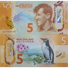 Banknoting Yeni Zelanda 5 Dolar 2015 Everest'e Çıkan Ilk Insan Edmund Hıllary ve Hoıho Pengueni Temalı. Polymer Çil.