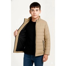 Erkek Çocuk Şişme Mont Hafif ve Sıcak Tutucu Kışlık Fermuarlı Su Itici Rahat Günlük Mont Kapüşonuz Modern Tasarım - Bej