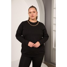 Rmg Yaka Zincir Detaylı Büyük Beden Sweatshirt Siyah