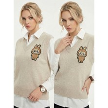 Ribana Classic Kadın Regular Kesim V Yaka Nakışlı Kolsuz Süveter 4858