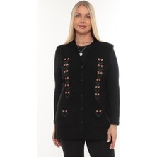 İKSUN Güllü Nakışlı Kışlık Kalın Çelik Örgü Düğmeli Cepli Triko Anne Yelek