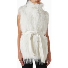 Pinko Neva Faux Fur Vest, Lüks Beyaz Kürk Görünümlü Yelek, Kurdele Detaylı