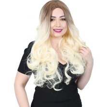 Pazarcan Yoğun Dalgalı Fiber Sentetik Uzun Perçemsiz Peruk / Açık Balköpüğü / Platin Ombreli